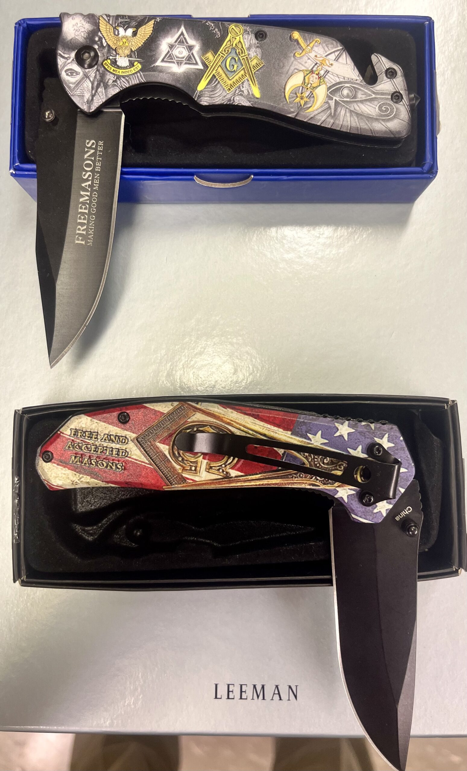 Item SH 32 - Pocket knives, Masonic and Shriners logos priced at $35